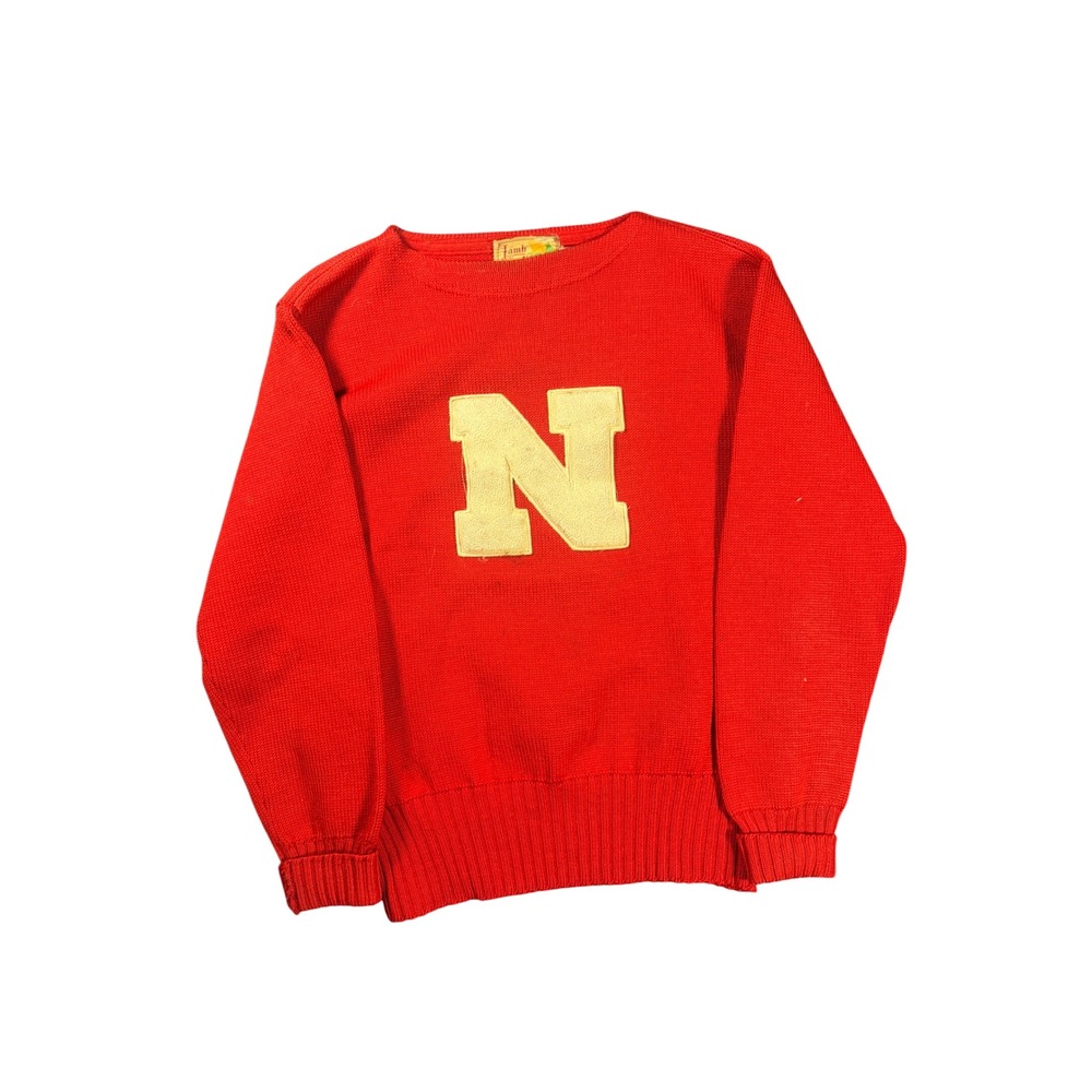 Vintage 1950s Lamb Knit Nebraska Huskers Wool Varsity Sweater Red 42 N Patch